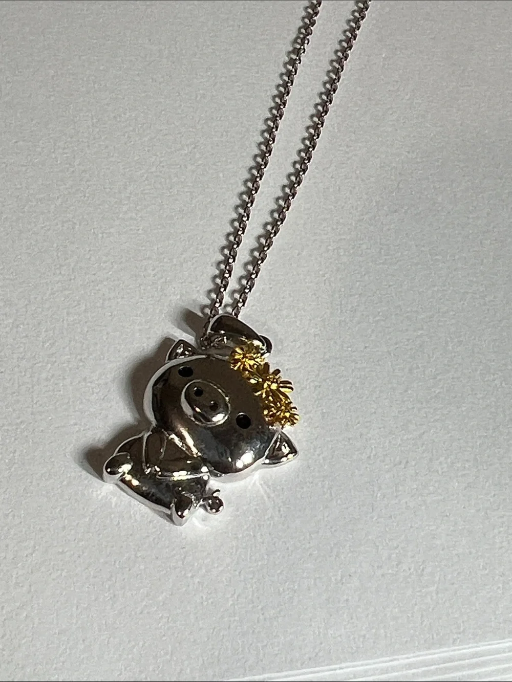 Silver Pig Pendant Cat Collar Charm with Gold Flower Accent